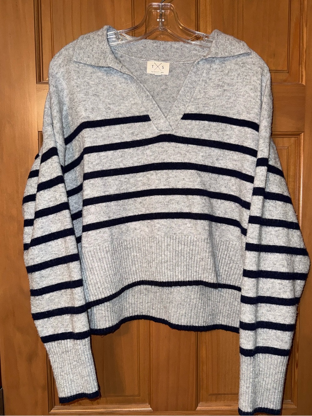 Thread & Supply Light Gray and Navy Striped V-Neck Sweater